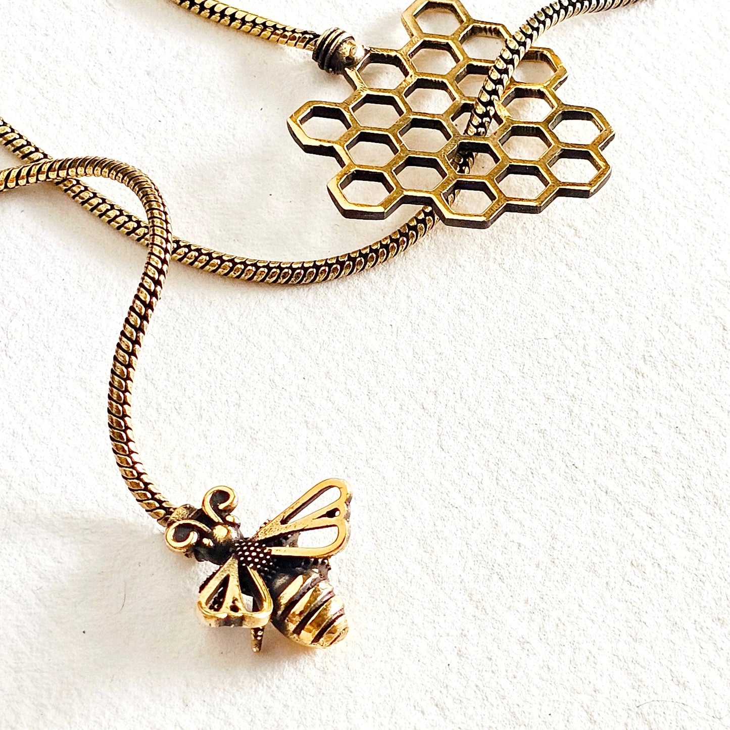 Brass Bee Honeycomb Lariat Bolo Necklace