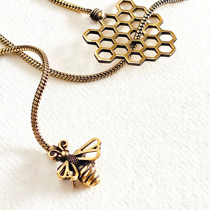Brass Bee Honeycomb Lariat Bolo Necklace
