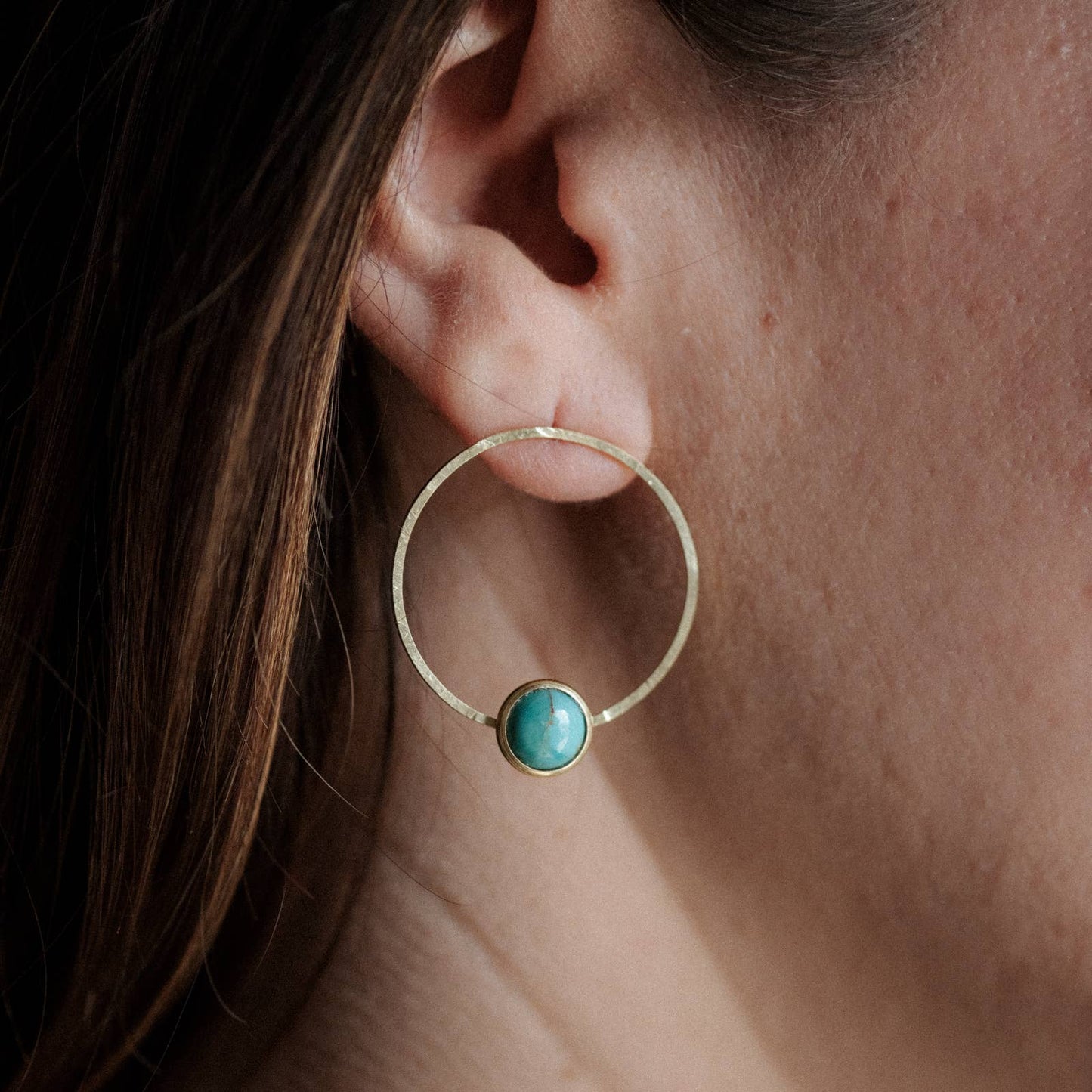 Brass Circle Turquoise Front Hoops