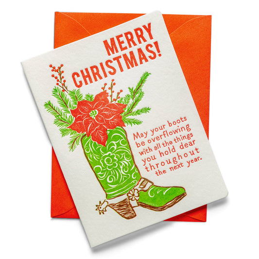 Overflowing Holiday Boots Letterpress Greeting Card