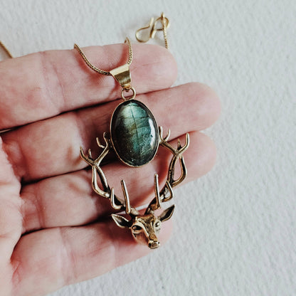 Labradorite Brass Deer Necklace