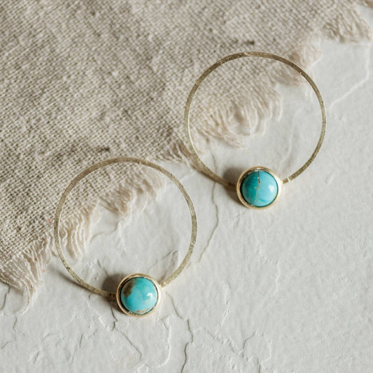Brass Circle Turquoise Front Hoops