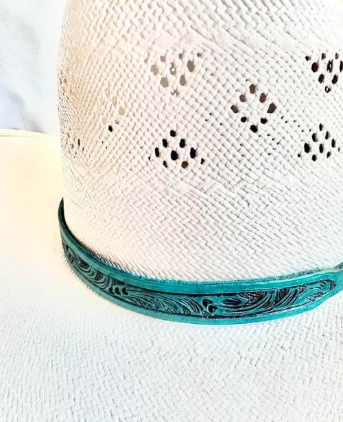 Hand Tooled Turquoise Leather Hat Band