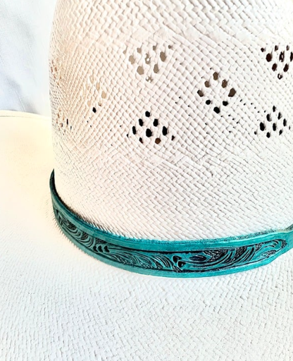 Hand Tooled Turquoise Leather Hat Band