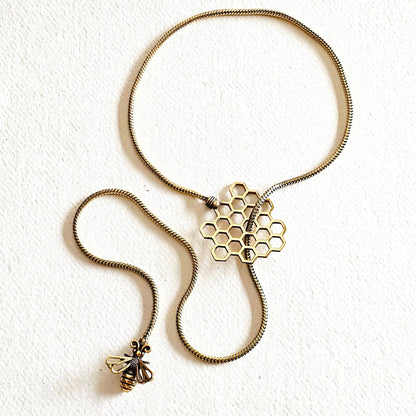 Brass Bee Honeycomb Lariat Bolo Necklace